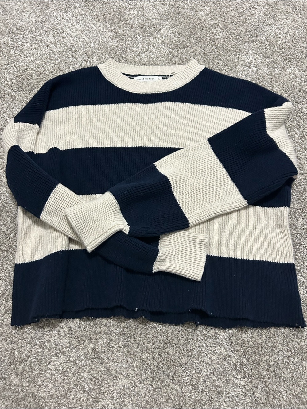 moon & madison Navy and Cream Striped Crewneck Sweater